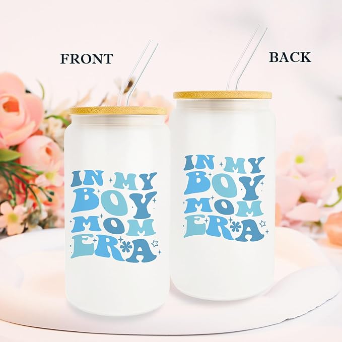 Gifts For Boy Mom, Boy Mom Gifts For Mom, New Mom, Gifts For a Mom of Boys, 16oz Glass Cup with Lid and Straw, Birthday Gifts For Pregnant Mom, Expecting Mom, Mama, Mom To Be