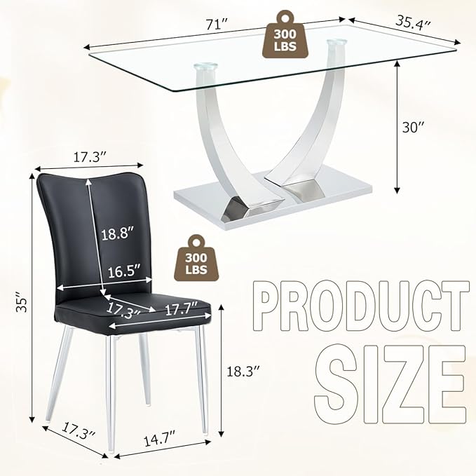Glass Dining Room Table Set for 8,Kitchen Table Set with 8 PU Leather Chairs,71'' Tempered Glass Dining Table Set with Silver U-Shaped Table Legs and Rectangular Base