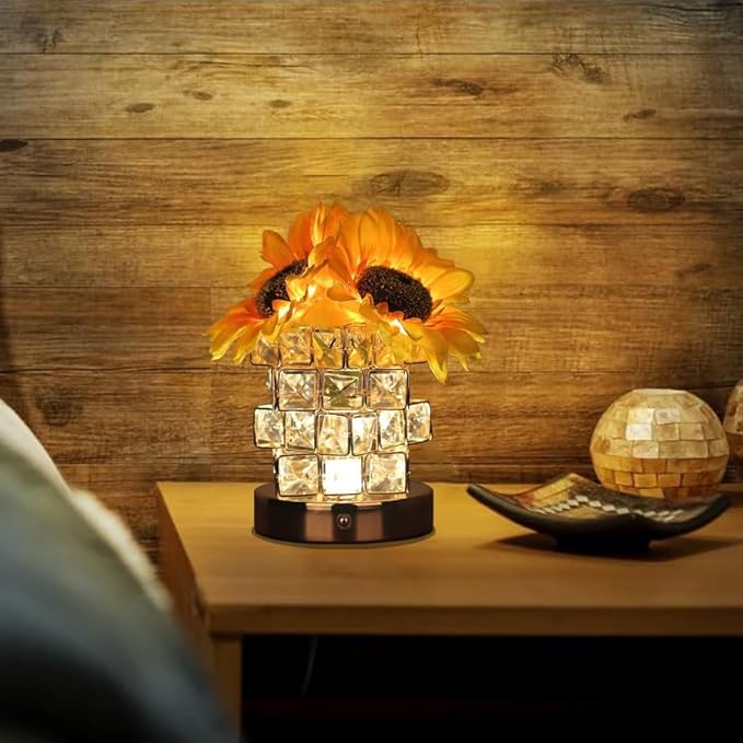Crystal Cube LED Night Light with Sunflower Vase, USB Rechargeable Table Lamp, 3 Color Modes, Touch Control, Decorative Accent Light for Bedroom, Home (Rubik's Cube Crystal (Sunflower))