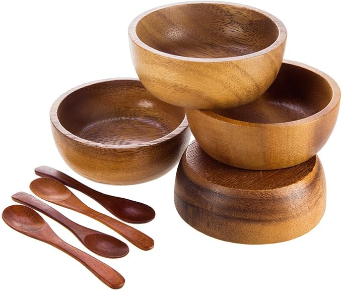 Set of 4 Small Round Acacia Wooden Bowls 3¾ Inch Diameter 1½" High With Spoons - Stackable Mixing Bowl Salad Soup Snack Dip Sauce Charcuterie Wood Tableware Sets for Decor and Serving
