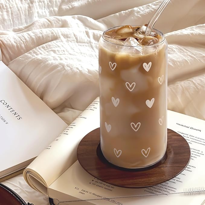 Heart 16oz Can Glass Tumbler with Acrylic Lid & Straw, Iced Coffee Cup for Women, Aesthetic Cups Gifts for Birthday Christmas Valentine