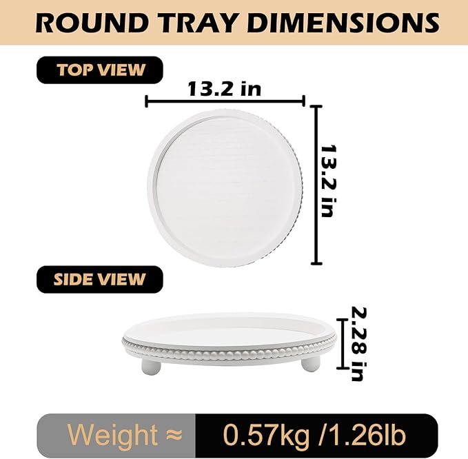 Wooden Beaded Decor Tray for Coffee Table, Rustic Wooden Trays Table Centerpieces, Decorative Trays for Home Decor Kitchen Table Farmhouse Serving Tray (Round White)