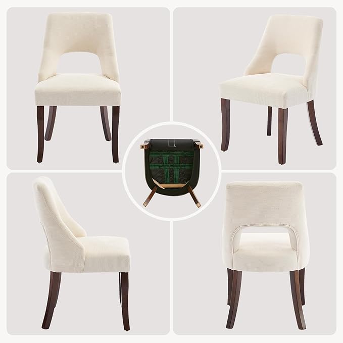 UVV Wooden Dining Chairs Set of 2, Mid Century Modern Fabric Upholstered Dining Room Chair Kitchen Chairs, Farmhouse Dinner Chair with Solid Wood Legs for Kitchen Dining Room, Beige