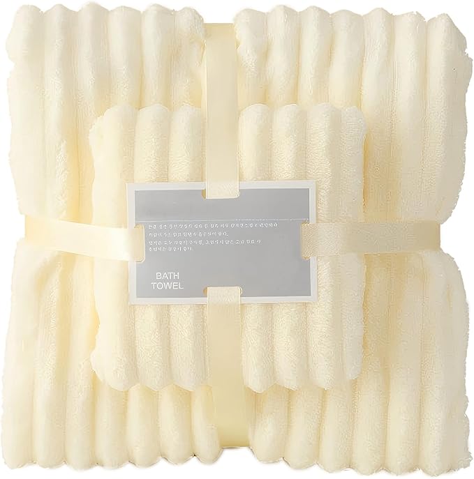 Coral Fleece Towel and Bath Towel Set Extra Thick Absorbent Wave Pattern 2 Piece Set for Home Spa and Travel Soft and Quick Drying (Beige)