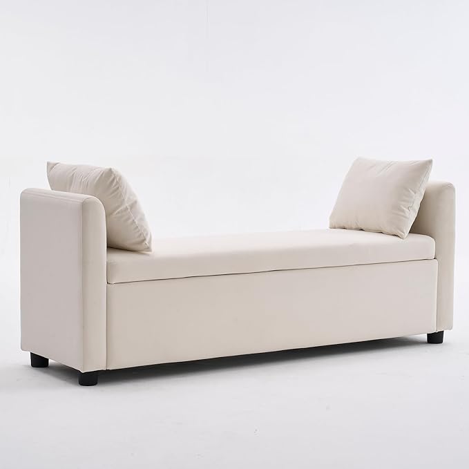 Storage Bench for Bedroom, 55" End of Bed Bench for King Size Bed, Modern Upholstered Long Ottoman Bench with Arms and 2 Pillows for Living Room/Entryway (Ivory White)
