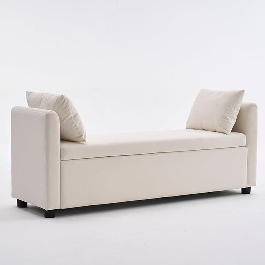 Storage Bench for Bedroom, 55" End of Bed Bench for King Size Bed, Modern Upholstered Long Ottoman Bench with Arms and 2 Pillows for Living Room/Entryway (Ivory White)