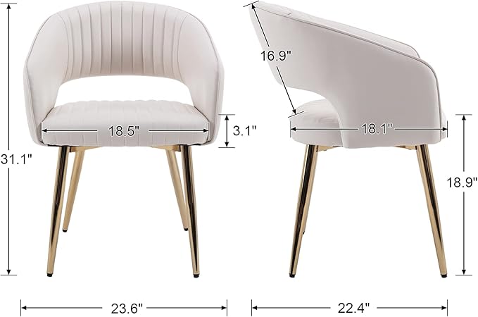 Modern Dining Chairs Set of 4, Upholstered PU Leather Gold Dining Room Chairs with Hollow Back, Accent Armrest Kitchen Chairs with Gold Legs for Living Room Cream