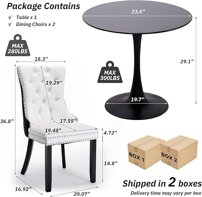 SoarFlash Kitchen Table and Chairs for 2, 24" Dining Table Set for 2 with Velvet Upholstered Chairs, 3 Piece Round Kitchen Table Set, Dining Room Table Set for Small Space, Apartment
