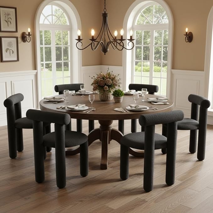 DUOMAY Modern Black Boucle Dining Chairs Set of 6, Sherpa Upholstered Kitchen Chairs Armless Barrel Back Dining Chair, Living Dining Room Chairs, Reception