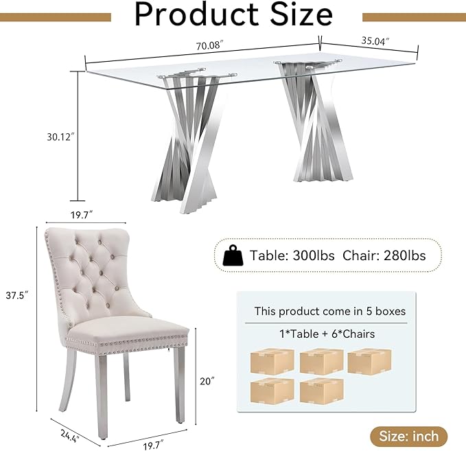 7 Piece Dining Table Set with 6 Beige Dining Chairs, Modern Glass Kitchen Table and Chairs Set for 6, 70" Rectangle Silver Glass Pedestal Dining Room Tables with Flash-Shape Stainless Steel Base