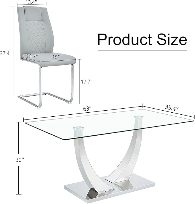 AZmac 63” Glass Dining Room Table Set for 6, Modern Kitchen Table and Chairs Set of 6, Dining Sets with Rectangular Tempered Glass and Sturdy Silver Chrome Base, for Kitchen Home
