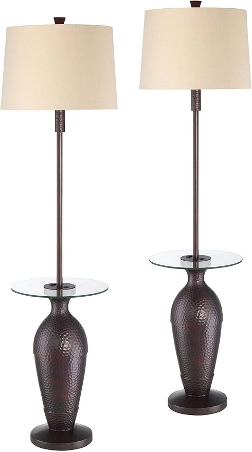 Regency Hill Fallon Industrial Rustic Farmhouse Floor Lamps with Tray Table USB and AC Power Outlet 66" Tall Set of 2 Oil Rubbed Bronze Oatmeal Drum Shade for Living Room Reading Bedroom