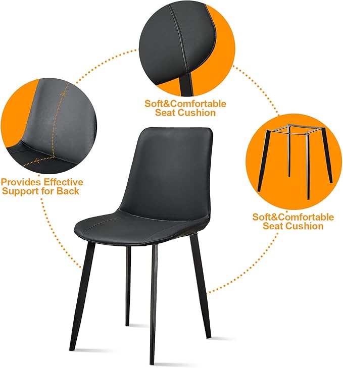 Black Dining Chairs Set of 4, Faux Leather Mid Century Modern Chairs with Metal Chair Legs, Kitchen Chairs for Dining Room, Restaurant, Living Room