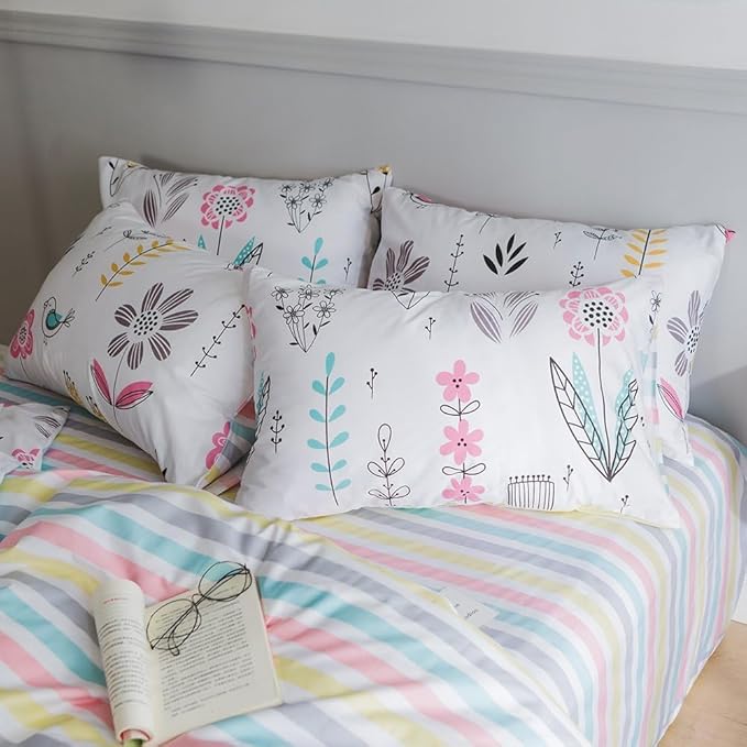 Floral Girls Duvet Cover Twin Boho Floral Bird Print Bedding Sets Garden Style Cotton Comforter Cover Reversible Striped Bedding Sets Kids Teens Bedroom Comforter Cover Aesthetic Duvet Cover Set