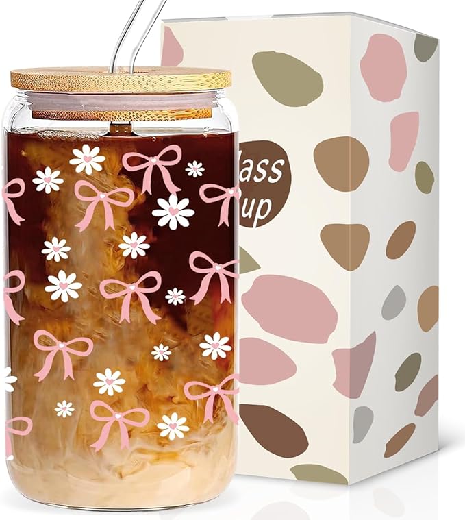 Pink Bow cup 16oz Glass Cups with Lids and Straws, Daisy Aesthetic Coffee Glass Cup, Pink Cute Drinking Glasses for Women Friend Sister Her Coffee Lover, Pink Party Supplies