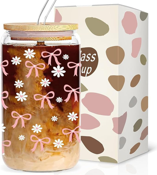 Pink Bow cup 16oz Glass Cups with Lids and Straws, Daisy Aesthetic Coffee Glass Cup, Pink Cute Drinking Glasses for Women Friend Sister Her Coffee Lover, Pink Party Supplies