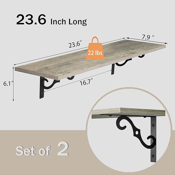 DINZI LVJ Long Wall Shelves, 23.6" Large Floating Shelves Set of 2, Farmhouse Display Shelf Wall Mounted with Heavy Duty Brackets, Easy Assembly for Kitchen, Bathroom, Bedroom, Balcony, Gray Wash