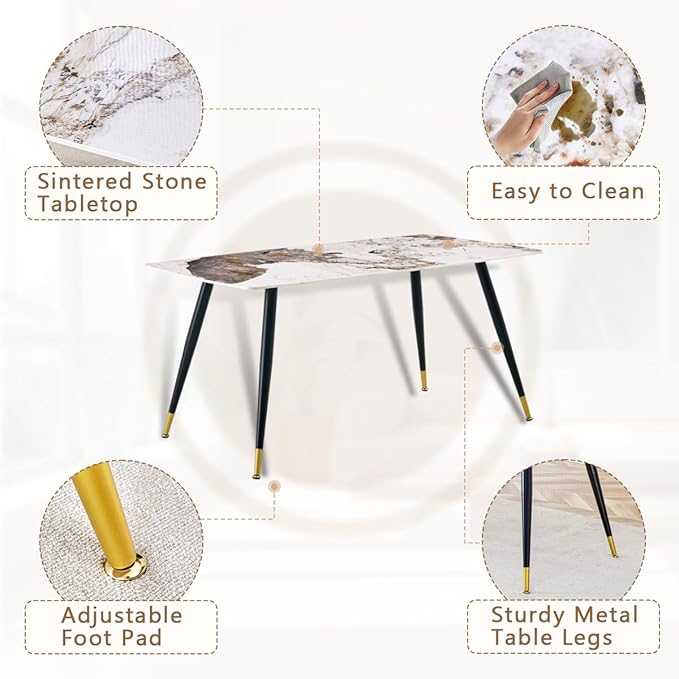 7 Piece Dining Table Set, 62'' Sintered Stone Dinner Table Set for 6, 6 Chair Dining Table Set, Easy to Assemble
