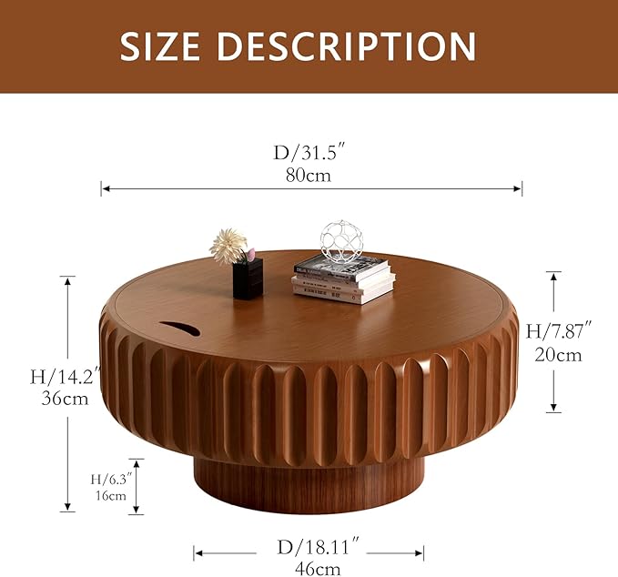 31.5" Drum Coffee Table with Storage Modern Unique Fluted Tea Table Contemporary Wood Round Coffee Table Center Table for Living Room Apartment (brown-31.5in)