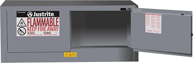 Justrite 12 Gallon Self Close Piggyback Flammable Storage Cabinet, 18 Gauge Steel, 2 Door Fire Cabinet, 18" x 43" x 18", Made in The USA, Gray, 891323