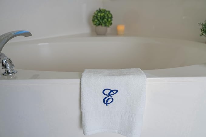 White Monogrammed Hand Towels for Bathroom - Luxury Hotel Quality Personalized Initial Embroidered Towel for Powder Room, Spa - GOTS Organic Certified - Set of 2 Navy Letter E