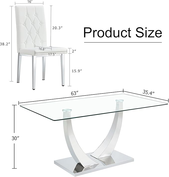 Modern Dining Table and Chairs for 6 - 63'' Glass Table with Silver U-Shaped Legs