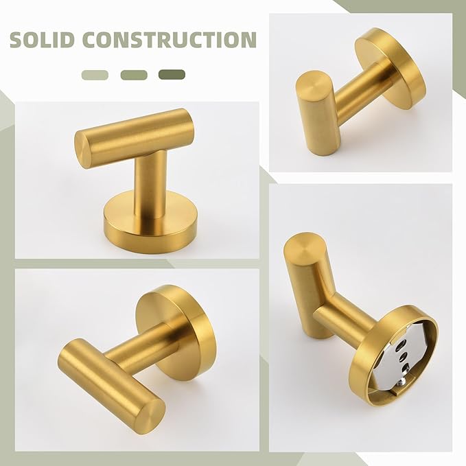 Angle Simple Bathroom Towel Hook 2 PCS, SUS304 Stainless Steel Bath Towel Robe Coat Holder, Heavy Duty Wall Hook, Brassy Gold