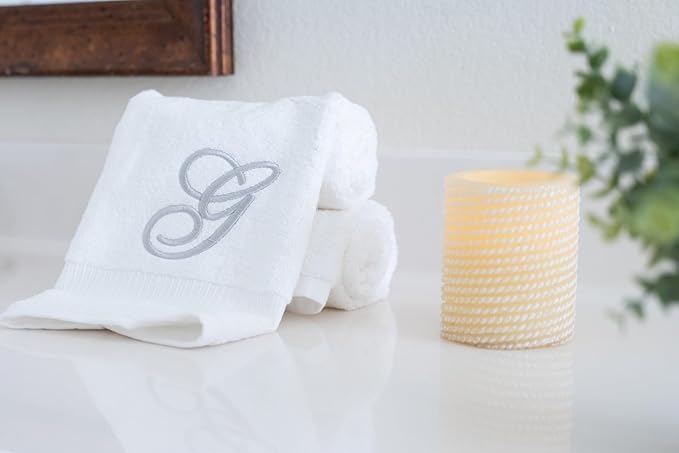 White Monogrammed Hand Towels for Bathroom - Luxury Hotel Quality Personalized Initial Embroidered Towel for Powder Room, Spa - GOTS Organic Certified - Set of 2 Silver Letter G