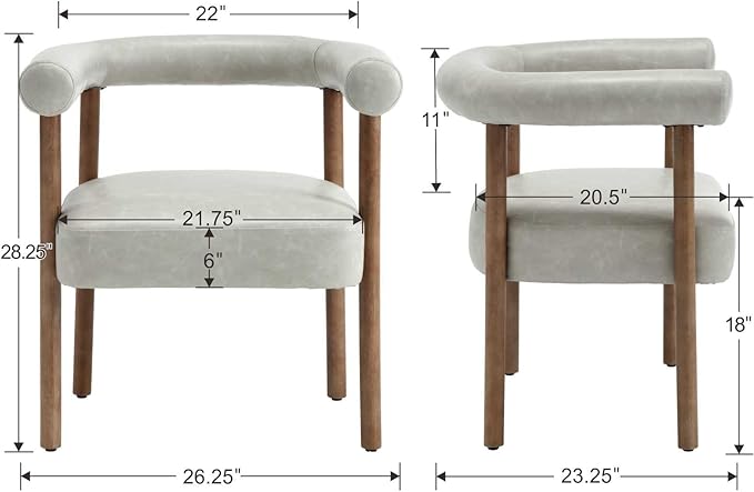 Mid-Century Modern Dining Chairs Set of 4, Armrest Barrel Dining Chairs Side Accent Chairs with Curved Back, Upholstered Wood Armchairs for Kitchen, PU Leather Grey