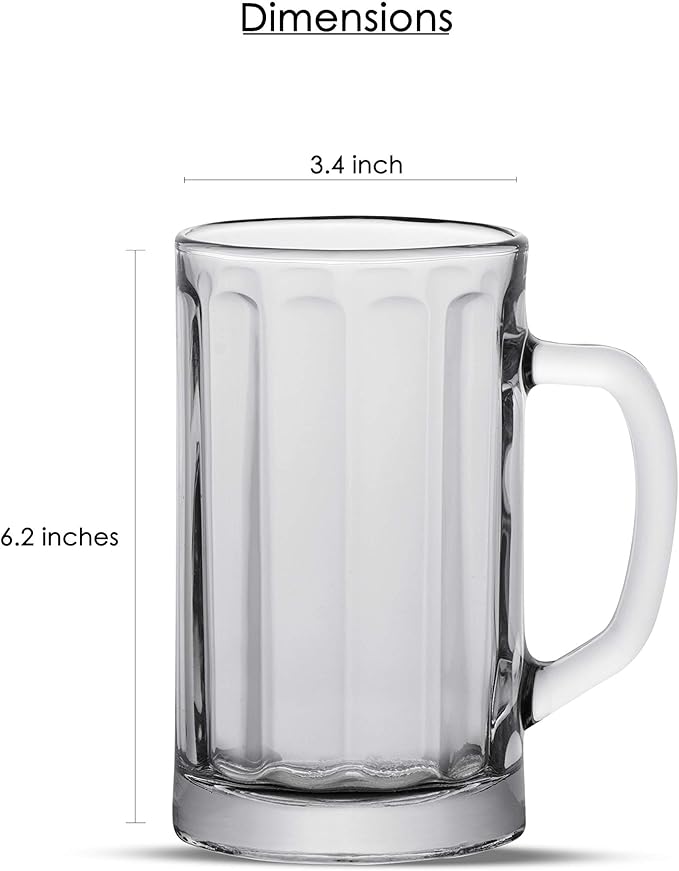Vikko 17 Ounce Beer Glass Mugs, Weighted Base Clear Beer Mugs with Comfortable Handle, Versatile, Dishwasher Safe, Set of 6 (3.4” x 6.2”)