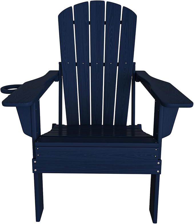 Plawdlik Folding Adirondack Chair, SGS Tested, Wooden Textured with Cup Holder, Heavy All-Weather HDPE Comfortable Set Poolside Backyard Lawn Navy Blue Set 4
