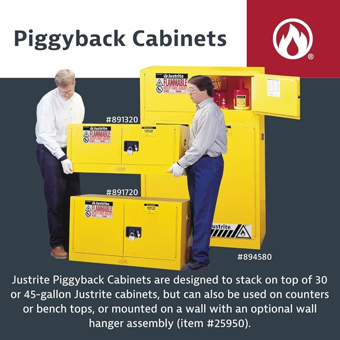 Justrite 17 Gallon Manual Close Piggyback Flammable Storage Cabinet, 18 Gauge Steel, 1 Shelf, 2 Door Fire Cabinet, 24" x 43" x 18", Made in The USA, Red, 891701