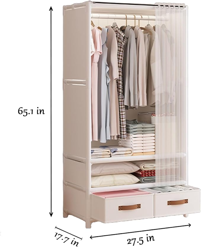 Portable Closet,Portable Closets for Hanging Clothes,Japanese Style Garment Rack with 3 Hanging Rods,9 Storage Shelves,56.2" L x 17.7" W x 65.1" H,White