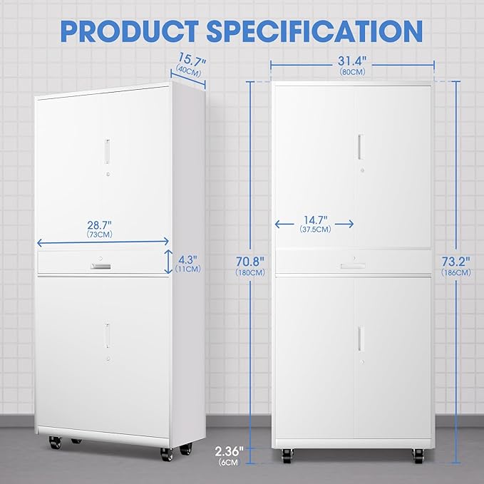 DNA Motoring 73'' Metal Storage Cabinet, Rolling Garage Cabinet with 1 Drawer and Adjustable Shelves, Lockable Heavy Duty Metal Locker for Garage,Office,Home,White, TOOLS-00630-WH-WH-A