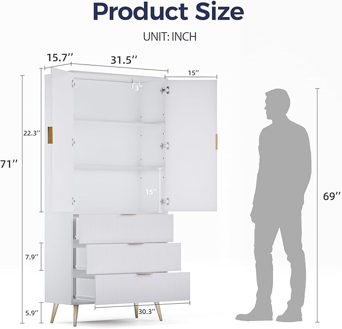 Tall Storage Cabinet, Kitchen Pantry Cabinet with Adjustable Shelves & Fluted Panel Design, Wood Cupboard with 3 Drawers 2 Doors, Tall Home Cupboard for Living Room, Kitchen, White