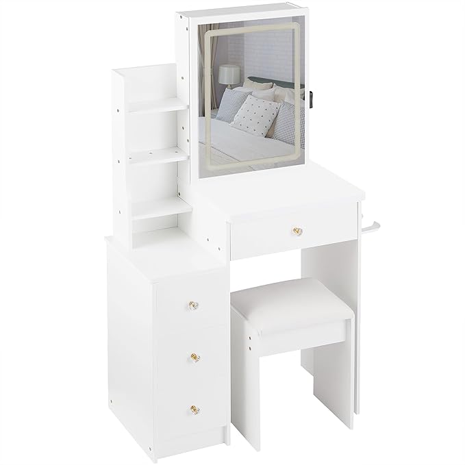 Makeup Vanity Desk Set with LED Lights, 3-Mode Adjustable Lights, Small Vanity with Chair，Compact Space Storage Shelves, Hair Dryer Holder Compact Vanities Table for Bedroom, White