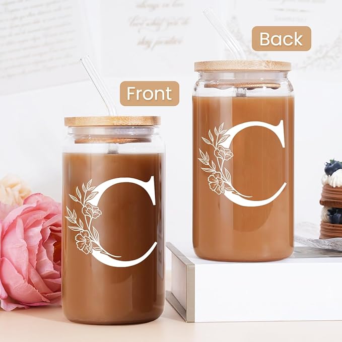 SANDJEST Monogrammed Gifts for Women - Monogram C Initial Glass Cup 16 Oz Can Coffee Cups with Lid and Straw - Monogram Initials Gifts for Womens on Birthday