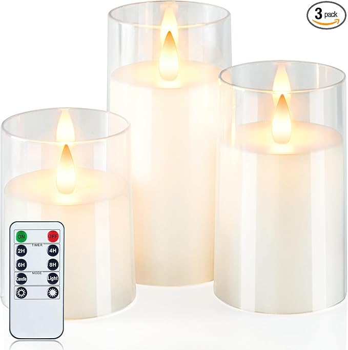 Homemory Realistic Flickering Battery Operated Candles, LED Fake Electric Candle with Remote Control and Timer, Flameless Candles for Home, Christmas Decoration, White, Set of 3