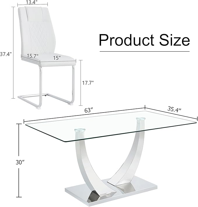 AZmac 63” Glass Dining Room Table Set for 4, Modern Kitchen Table and Chairs Set of 4, Dining Sets with Rectangular Tempered Glass and Sturdy Silver Chrome Base, for Kitchen Home