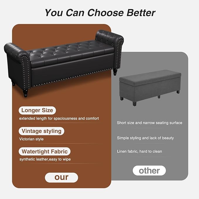 65 Inch Bedroom Bench, End of Bed Bench with Storage, Bed Benches for Foot of Bed, Faux Leather Window Bench with Tufted Button and Nailhead Trim, Upholstered Storage Bench with Rolled Arms, Black