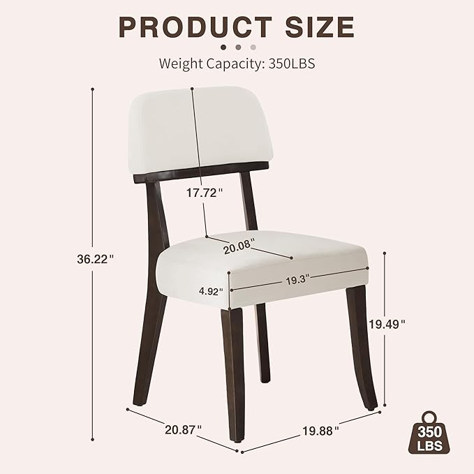 Modern Wood Dining Chairs Set of 2, Velvet Upholstered Kitchen Chairs with Open Curved Backrest & Black Hardwood Legs for Vanity, Living Room, 350 LBS Capacity, White