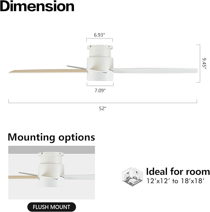 WINGBO 52" Flush Mount DC Ceiling Fan without Lights, 4 Reversible Blades, Ultra Quiet 6-Speed DC Motor, Hugger Low Profile Indoor Ceiling Fan No Lights, White Finish