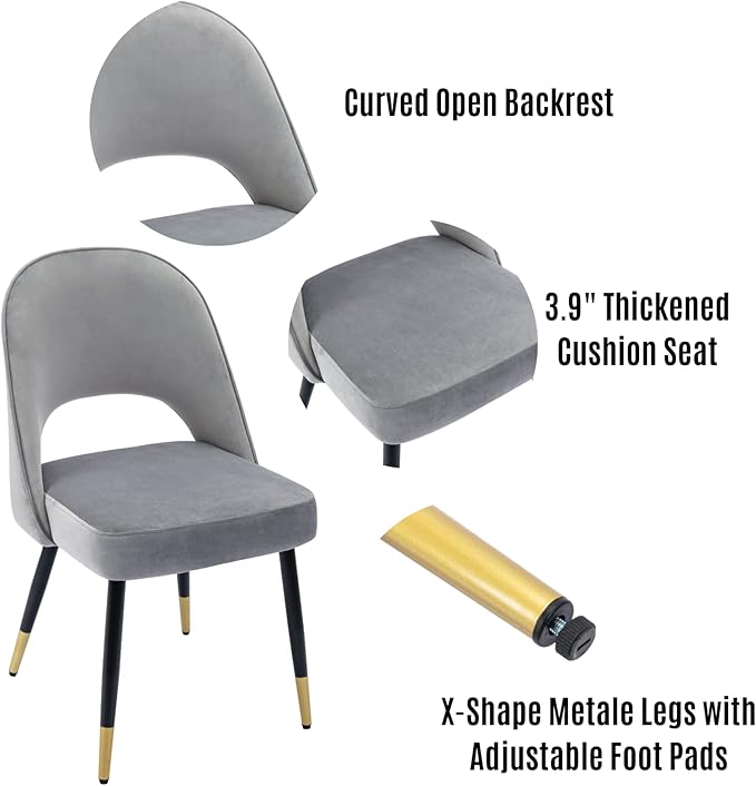 LukeAlon Modern Velvet Dining Chairs Set of 2, Upholstered Open Back Kitchen Chairs with Metal Legs Armless Side Chairs Mid Century Parsons Chair for Dining Room, Grey