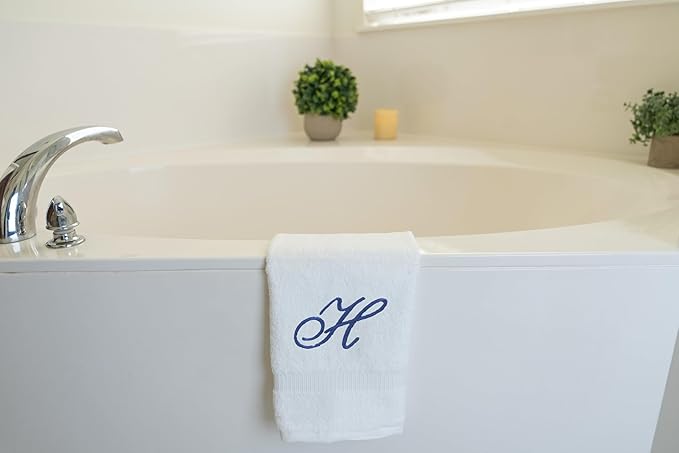 White Monogrammed Hand Towels for Bathroom - Luxury Hotel Quality Personalized Initial Embroidered Towel for Powder Room, Spa - GOTS Organic Certified - Pack of 2 Navy, Letter H