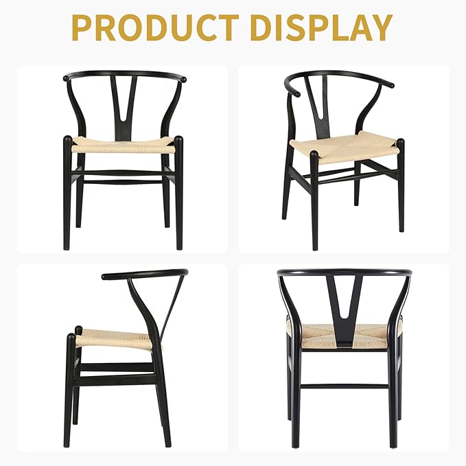 Wishbone Chair Natural Solid Wood Dining Chair/Hans Wegner Y Chair Rattan and Wood Accent Armrest Chairs - Ash Wood Chairs Set of 1 (Ash Wood - Black + Natural Color)