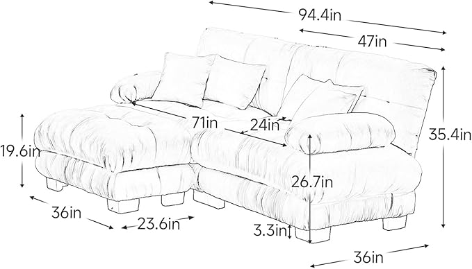 94.4" Loveseat Sofa, 2 Seater Modular Sectional Sofa, Grey Large L Shaped Sectional Fluffy Couch, Chenille Cloud Couch with Ottoman, Deep Seat Sofas for Living Room