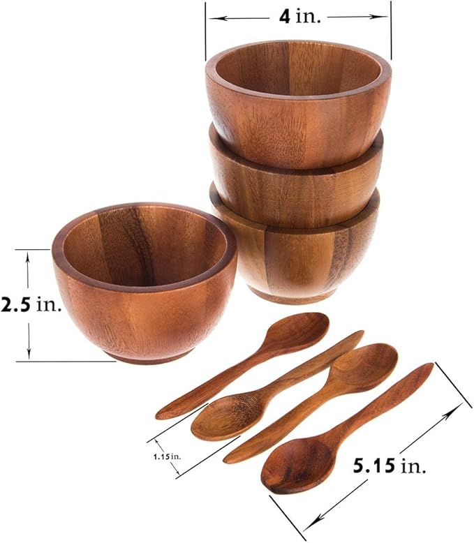 Set of 4 Small Round Acacia Wooden Bowls 4 Inch Diameter With Spoons - Stackable Mixing Bowl for Salad Soup Snack Salsa Dip Sauce Charcuterie Wood Tableware Sets for Decor and Serving