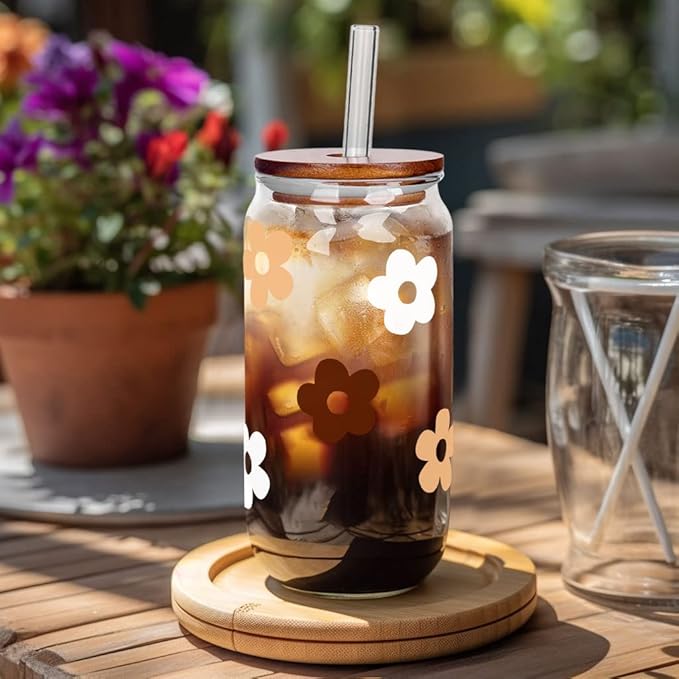 Glass Cups with Lids and Straws, Can Shaped Glass Cups, 20OZ Glass Cups, Drinking Glasses, Iced Coffee Glasses Cup, Smoothie Cups, Tumbler Glass, Reusable Iced Coffee Cup Drinking Glasses -Set of 2