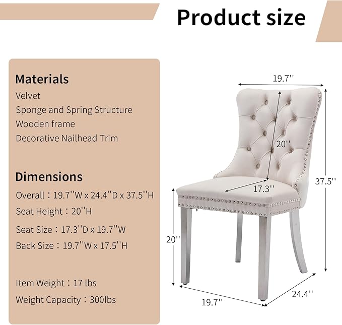 Luxury Upholstered Dining Chairs Set of 8, Beige Kitchen Chair with Silver Metal Legs, Velvet Tufted Back Dining Chair, Sillas de Comedor, Modern Kitchen & Dining Room Chairs (Beige, 8 Pcs)