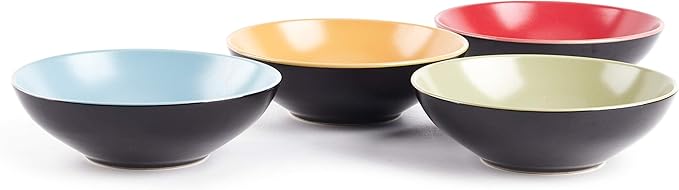 Stoneware Two-Tone Colors Life 12pc Dinnerware Set，Outside Shinny Black + Inside Matte Finished Very Funny - 4 Assorted Colors Turquoise, Olive, Curry, Red